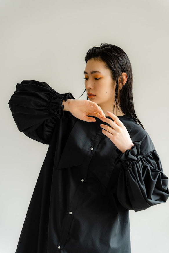 Ruffle sleeve shirt dress（Black）