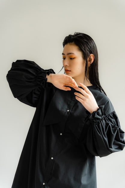 Ruffle sleeve shirt dress（Black）