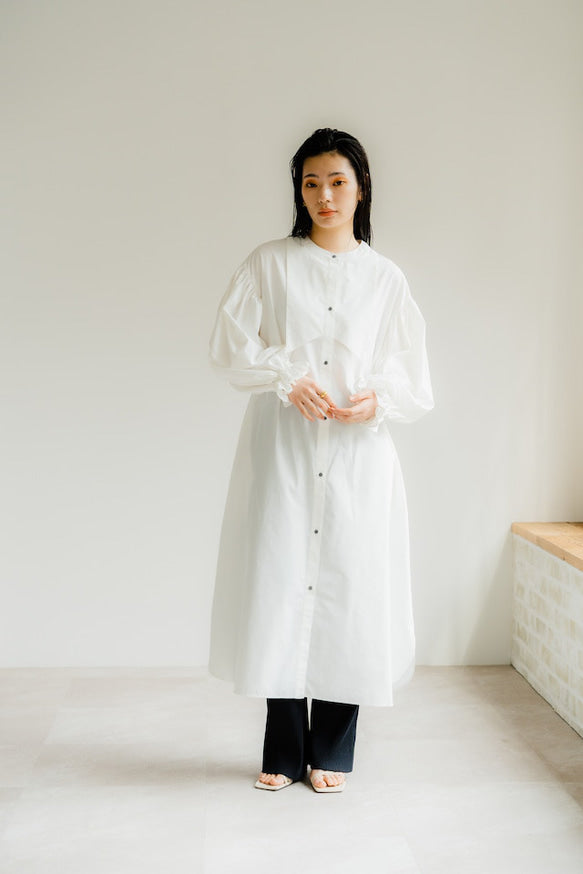 Ruffle sleeve shirt dress（White）