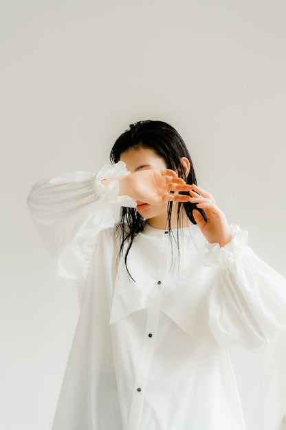 Ruffle sleeve shirt dress（White）