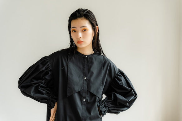 Ruffle sleeve shirt dress（Black）