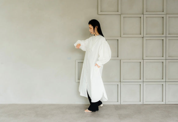 Ruffle sleeve shirt dress（White）